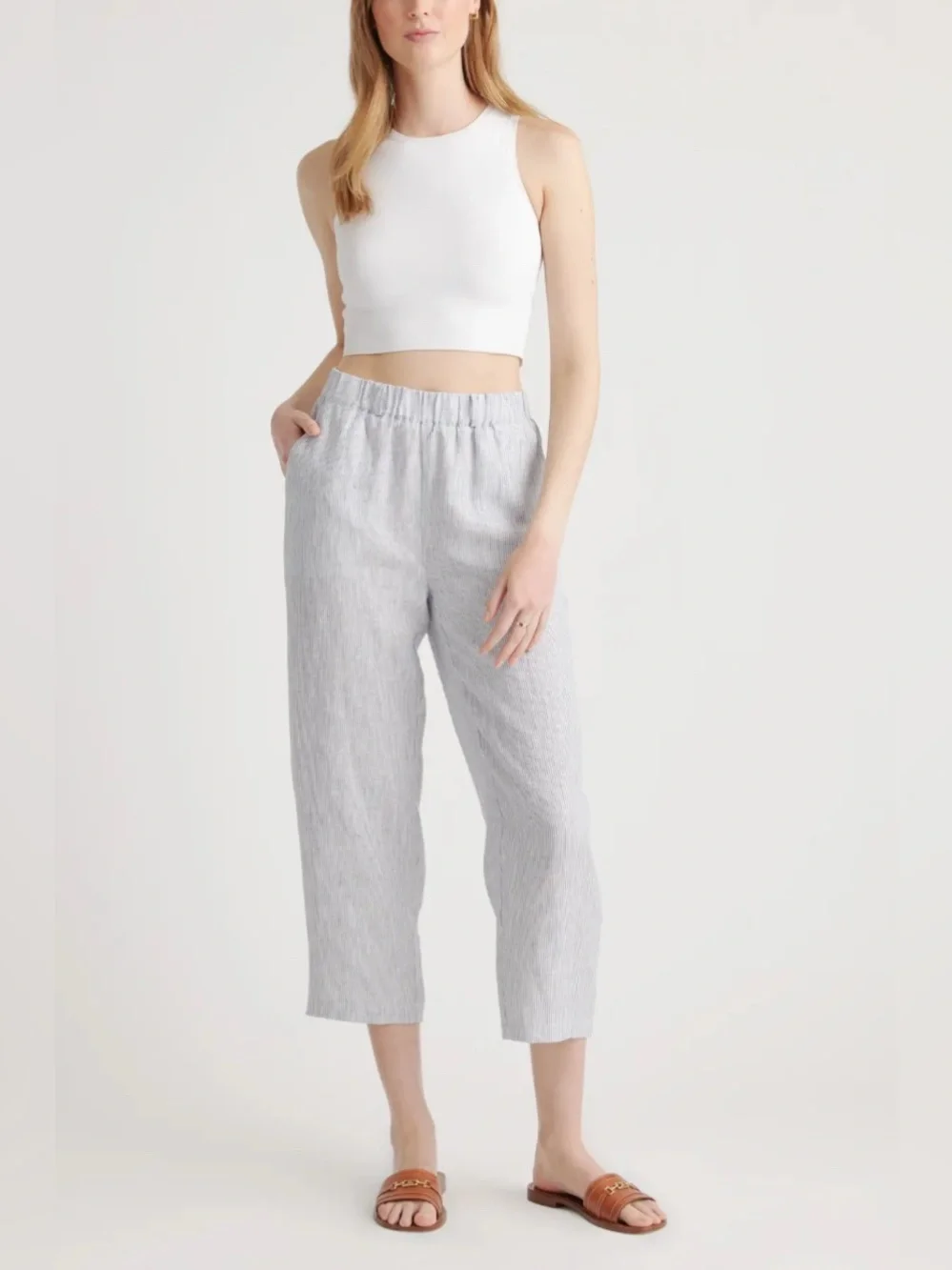 Quince 100% European Linen Pants Blue Pinstripe Large Breathable Lightweight NWT